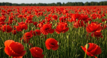 Fototapeta premium A vibrant field of blooming red poppies stretches out under a soft and hazy summer afternoon sky.