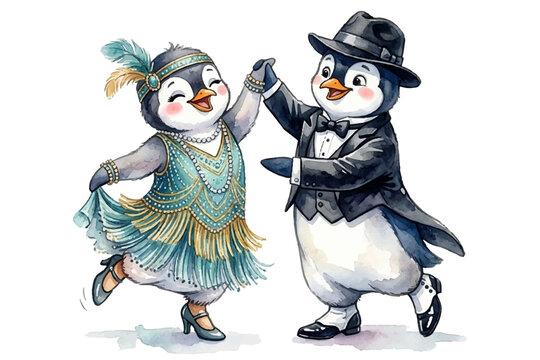 Penguin couple dancing in 1920s flapper style. Female in teal fringe dress with feather headband, male in tuxedo with top hat.