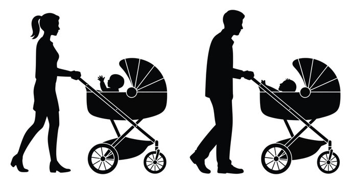 Parents Walking with Baby Strollers Silhouette Icon Mother Father Family Parenthood Parenthood Care Vector Illustration Set Isolated Background
