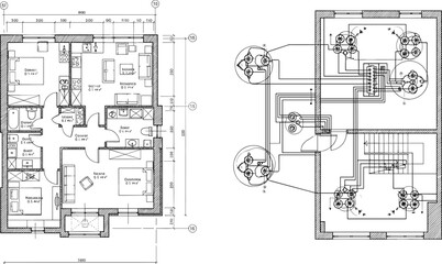 Detailed architectural house floor plan and residential electrical wiring schematic technical drawing for construction and engineering projects vector © NURUL