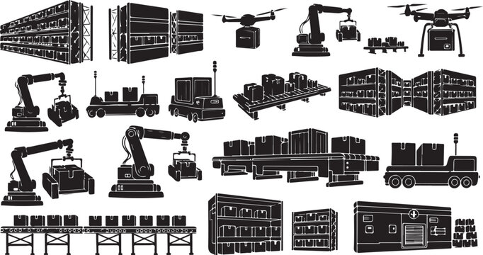 Industrial warehouse and logistics icons set in black