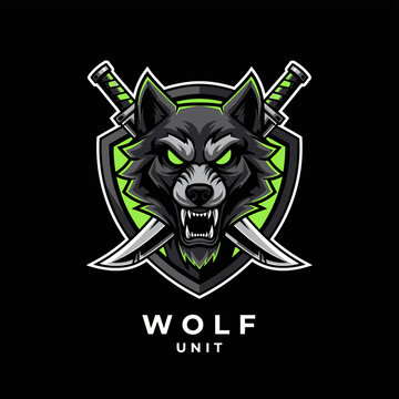 Fierce Wolf Head Esport Logo with Crossed Swords and Shield Design.