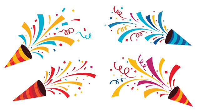 Four colorful party poppers exploding with bright confetti and streamers celebrating a festive event on white.