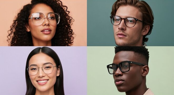 Four people wearing glasses in a studio setting with different backgrounds and colors while posing for a portrait