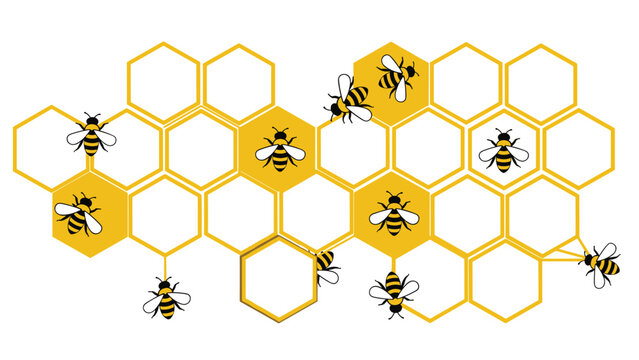Many industrious honey bees working on an extensive network of golden honeycombs representing productivity and nature.