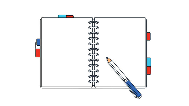 Illustration of an open blank spiral notebook with colorful index tabs and a blue pen on a clean white background.
