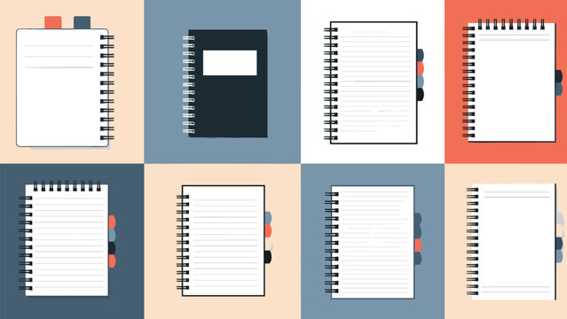 Collection of eight different spiral notebooks and journals with various covers and colorful index tabs on a grid background.