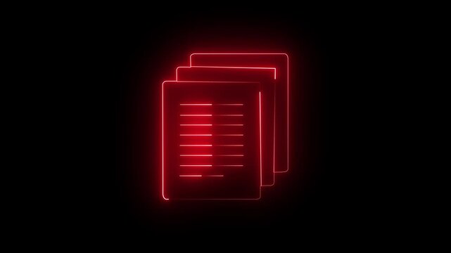 Neon Document downloading animation. Glowing neon File document icon isolated on black background 4k motion video animation.