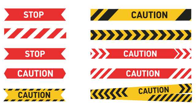 Collection of various safety ribbons including red stop bands and yellow caution tapes with distinctive hazard stripes.