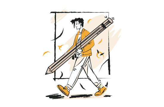 Creative designer walking with oversized pencil illustration representing imagination creativity artistic workflow and idea development in modern hand drawn flat style