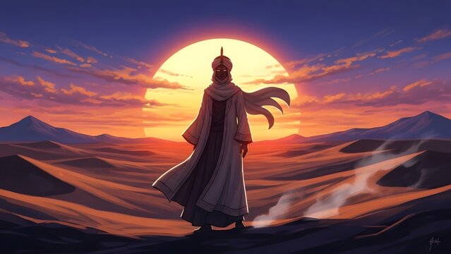 A solitary figure in ancient robes stands on a desert dune, gazing at the colossal sun setting or rising, as the vast, golden sands stretch endlessly under a dramatic, colorful sky