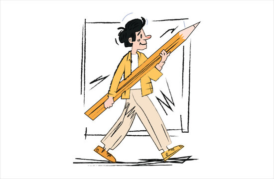 Creative designer walking with oversized pencil illustration representing imagination creativity artistic workflow and idea development in modern hand drawn flat style