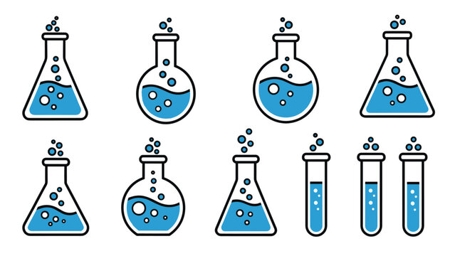 Collection of various laboratory glassware icons including conical flasks round bottom flasks and test tubes with blue chemicals.