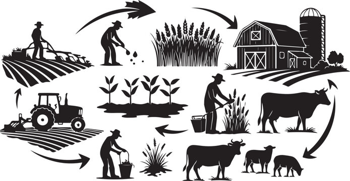 Agricultural Farming Life Cycle Silhouette Illustration Vector Graphic Design