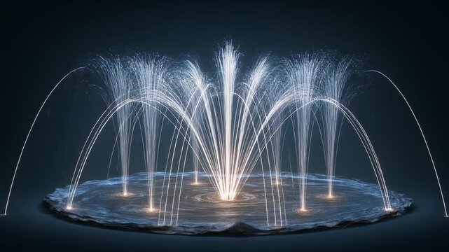 A digitally rendered fountain illustration featuring water jets, a stone base, and a dark background
