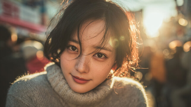 Portrait of a beautiful Korean woman with a cute, radiant smile and confident presence. Soft natural lighting enhances her smooth features and expressive eyes, while a gently blurred background create