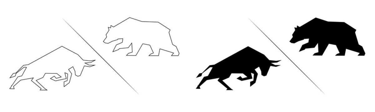 Stock market investment concept with bull and bear symbols for financial analysis and trading isolated on transparent background.