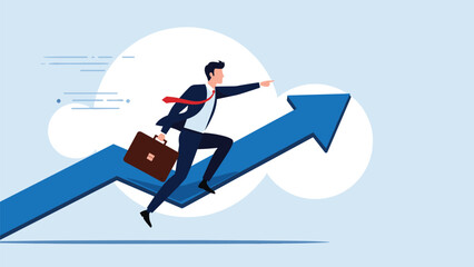 Obraz premium Ambitious businessman running upwards along a blue rising arrow towards white circles representing career progression and success.