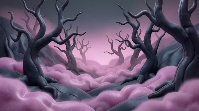 Dark forest trees at evening scary background 