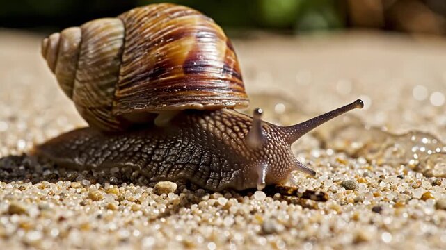 Close up of a brown snail with shell crawling on sandy surface