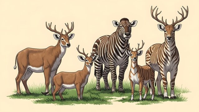 Diverse group of deer and deer-like animals with antlers and stripes, showcasing a variety of species in a natural setting with grass