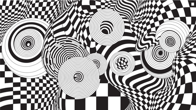 Circular checker pattern optical illusion geometric abstract black and white background