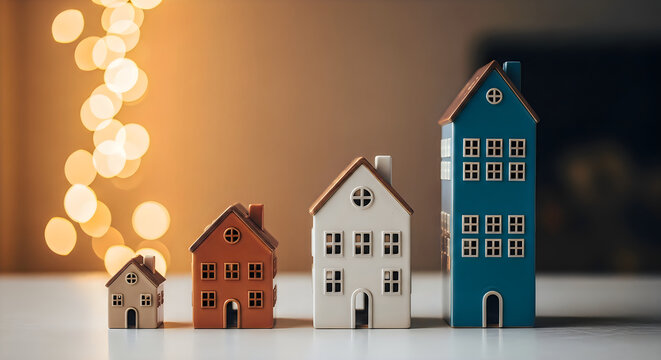 Miniature houses in a row with string lights
