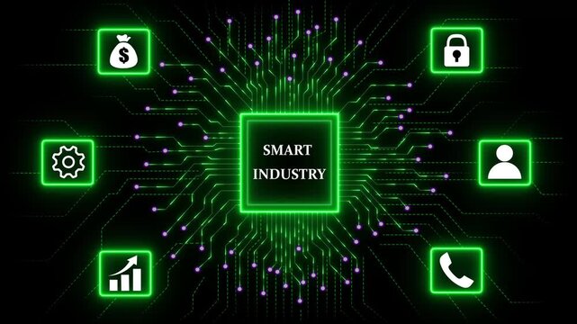 Smart Industry Technology Network concept with Data Security and Automation. Business, Technology, Internet and network concept. Abstract glowing green circuit board background. 4k video