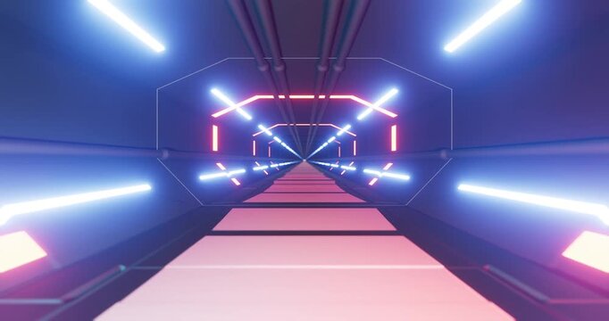 Futuristic science-fiction technical tunnel corridor. 3d render video.