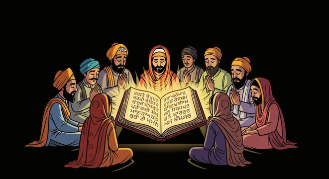 Sikh Community Reading Holy Scripture with Turbans and Traditional Attire