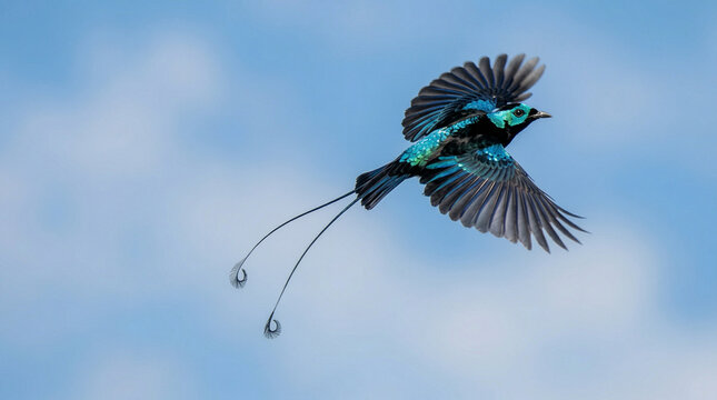 Vibrant bird of paradise flying gracefully through a blue sky  