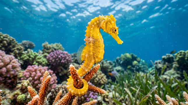 Yellow seahorse swimming among colorful coral reef underwater  