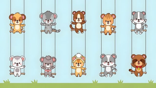 Cute cartoon bears and koalas swinging on swings in a delightful illustration for children
