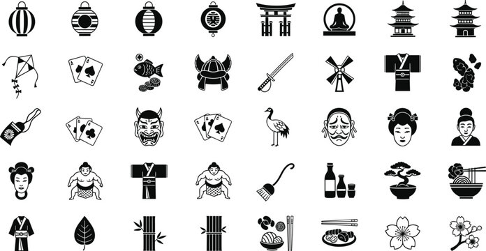 Comprehensive collection of black Japanese culture icons featuring samurai sumo geisha pagoda sushi bonsai and traditional oriental symbols vector