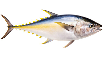 Obraz premium yellowfin tuna swimming, close-up of whole fresh raw fish, isolated on white background