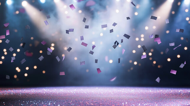 Festive Stage Background with Falling Colorful Confetti and Bright Spotlights on Dark Background with Copy Space