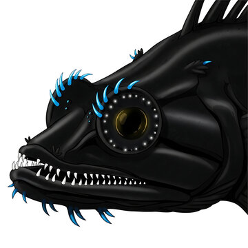 Close-up of a dark, toothy deep-ocean fish with vibrant blue bioluminescent accents