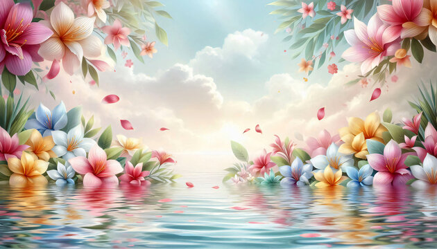 Songkran background with floating flower petals on water surface, soft reflections, calm natural mood, high resolution