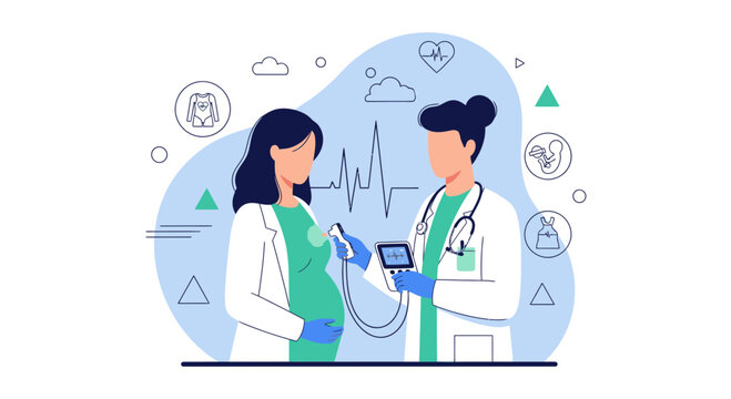 Doctor checks pregnant woman's health with ultrasound, symbolizing prenatal care and medical examination