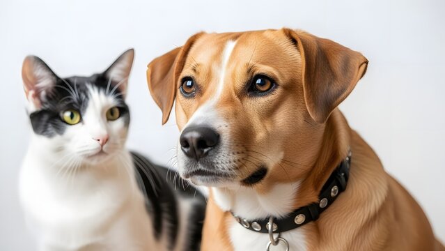 A heartwarming close-up of a tan and white dog and a black and white cat, posing together, their calm expressions highlighting unique animal companionship