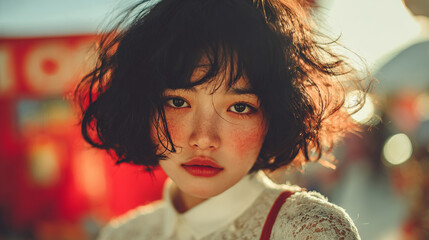 Fototapeta premium Vintage-style collage featuring multiple angles of a beautiful adult Korean woman laughing naturally in soft outdoor light. The composition blends side profiles and candid expressions with a dreamy bo