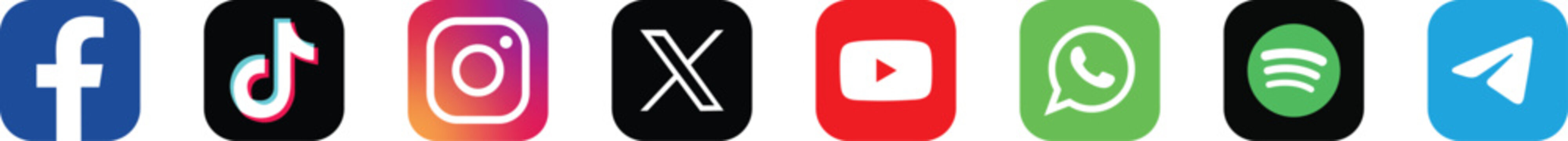 Social Media Icons Set 2026 featuring Facebook, TikTok, Instagram, X, YouTube, WhatsApp, Spotify, and Telegram Colorful Rounded Square Logos Vector Illustration