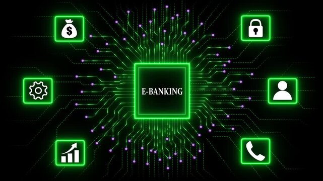 E-Banking Technology Network concept with Data Security and Automation. Business, Technology, Internet and network concept. Abstract glowing green circuit board background. 4k video