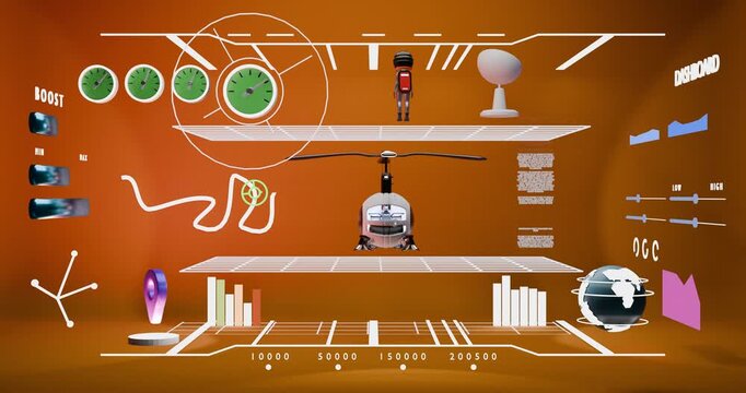 Virtual reality. Futuristic VR head-up display design. Futuristic display with data, speedometer and statistics panel. 3d render video.