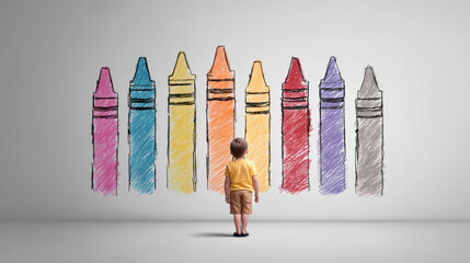 Fototapeta na wymiar Child crayon drawing color creativity imagination wall art childhood wonder child standing large colorful crayon drawing wall feeling inspired