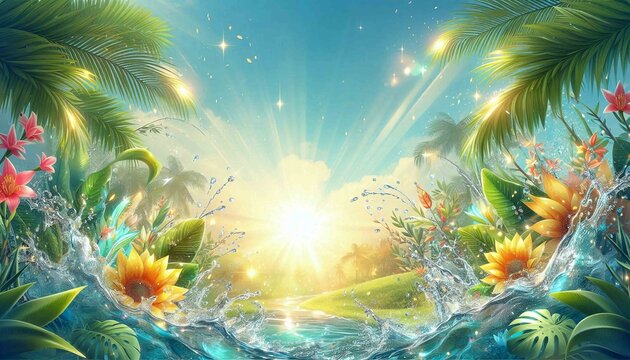 The sun shines on the green leaves, the flowers are vibrant, and the water splashes and sparkles, creating a tropical paradise.