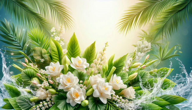 The refreshing natural surroundings, with white flowers, green leaves, and splashing water, create a pure, cool, and refreshing feeling, like a water festival.