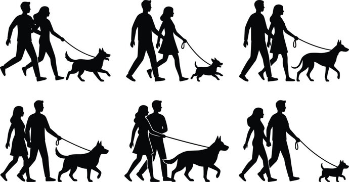 People walking dogs silhouettes set pet owners with different breeds outdoor activity lifestyle vector illustration collection