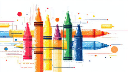 Obraz premium Colorful crayon automation concept, childlike sketched crayons, digital efficiency, abstract design, playful art energy, creative workflow