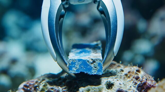 Close-up of a high-tech robotic claw underwater, carefully examining or picking up a piece of weathered blue debris from a coral reef or seabed.